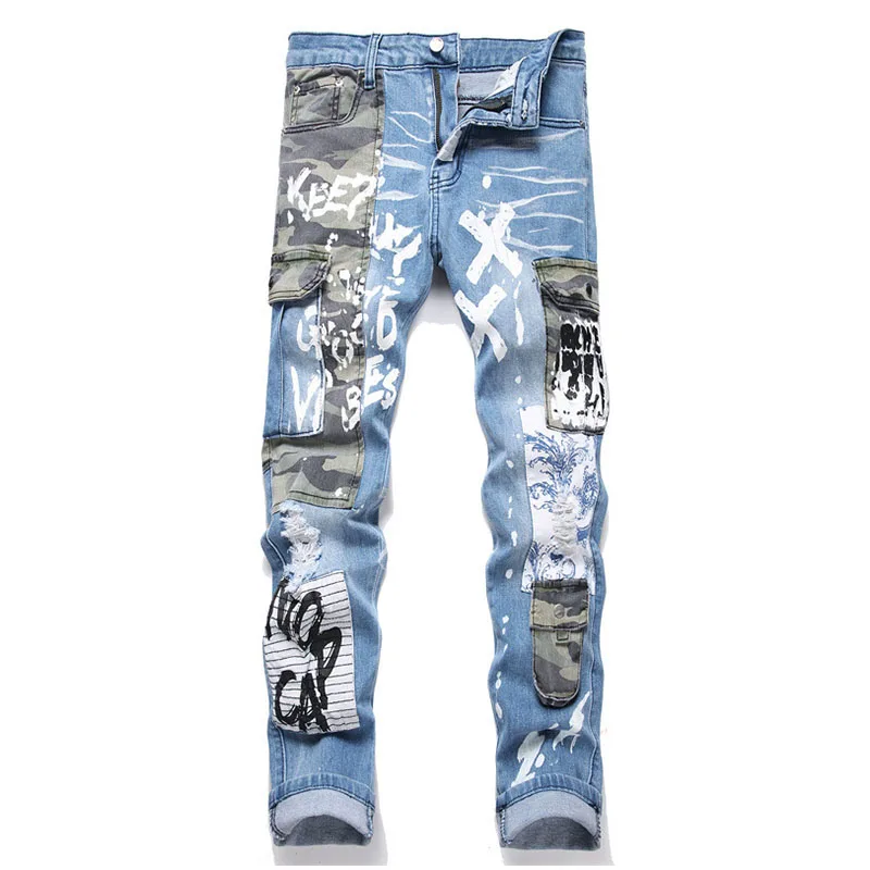 

Mcikkny Men Ripped Hip Hop Jeans Pants Washed Multi Pockets Streetwear Denim Trousers Slim Fit