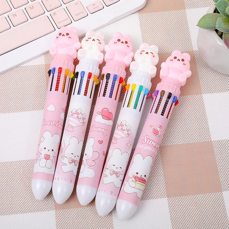 2Pcs Cartoon Rabbit Ten Color Ballpoint Pen Multicolor Signature Pens Creative Writing Smooth Pressing Neutral Pens Gifts