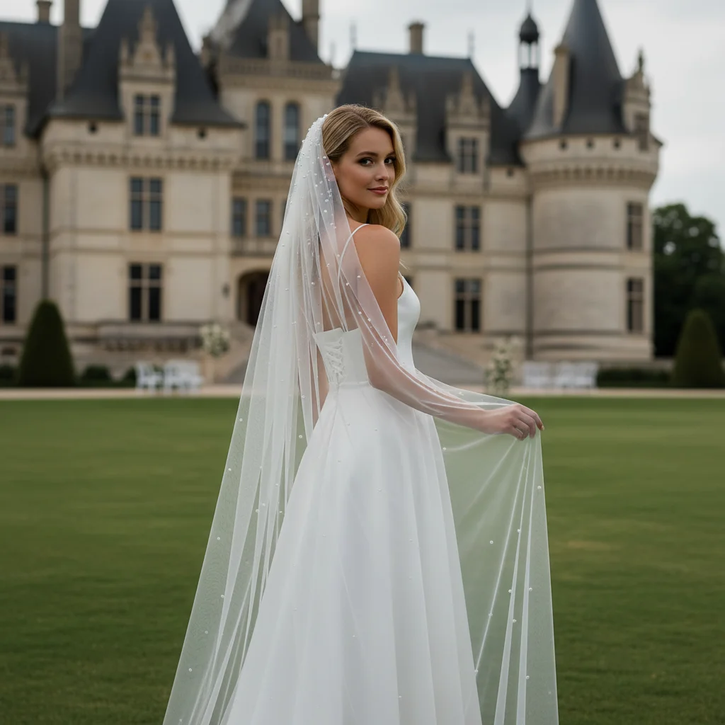 

Жемчужная фата в соборном стиле, свадебная фата 200 см, 300 см, белая слоновая кость, свадебные аксессуары с металлической расческой для волос, мягкий тюль G12