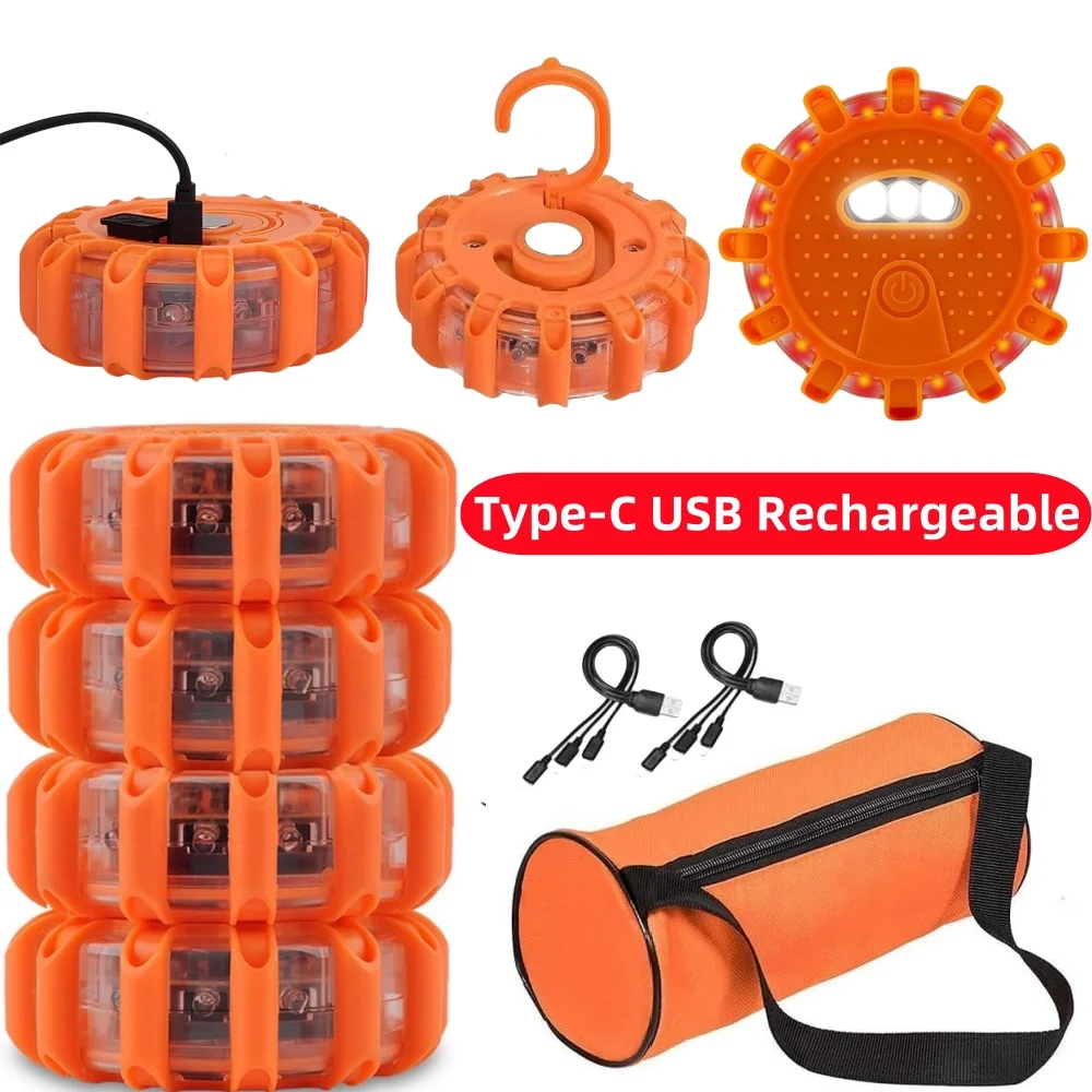 USB Rechargeable Road Flares Roadside Car Kit,Flashing Warning Flare Kit with Magnetic Base, Hooks to Hang & Carrying Bag