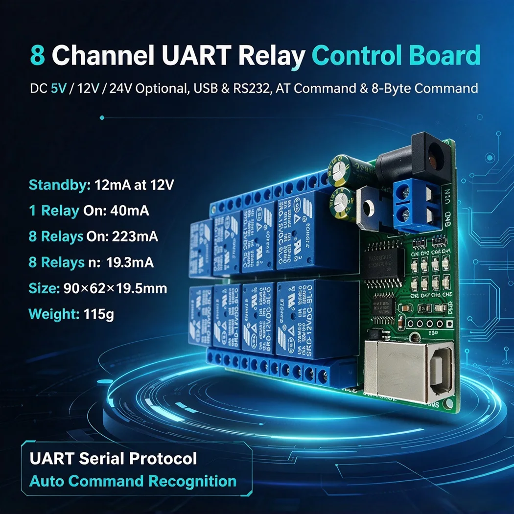 8 Channel UART Serial Relay Module CH340 USB RS232 TTL AT Command Momentary Self-locking Interlock Delay DC 5V 12V 24V