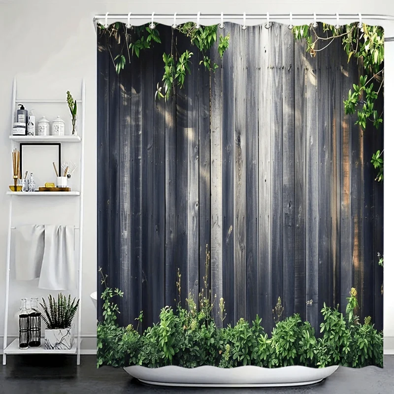 Green Plant & Wood Wall Design Shower Curtain - Waterproof Polyester with Hooks, 179.83cm x 179.83cm - Perfect for Bathroom Deco