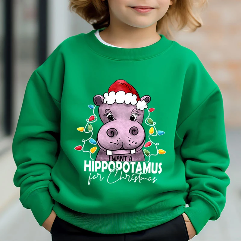 Hippopotamus Christmas Print Boys Girls Autumn Winter Hoodie Cartoon Hippo Long Sleeve Xmas Party Y2K Sudaderas Kids Sweatshirt