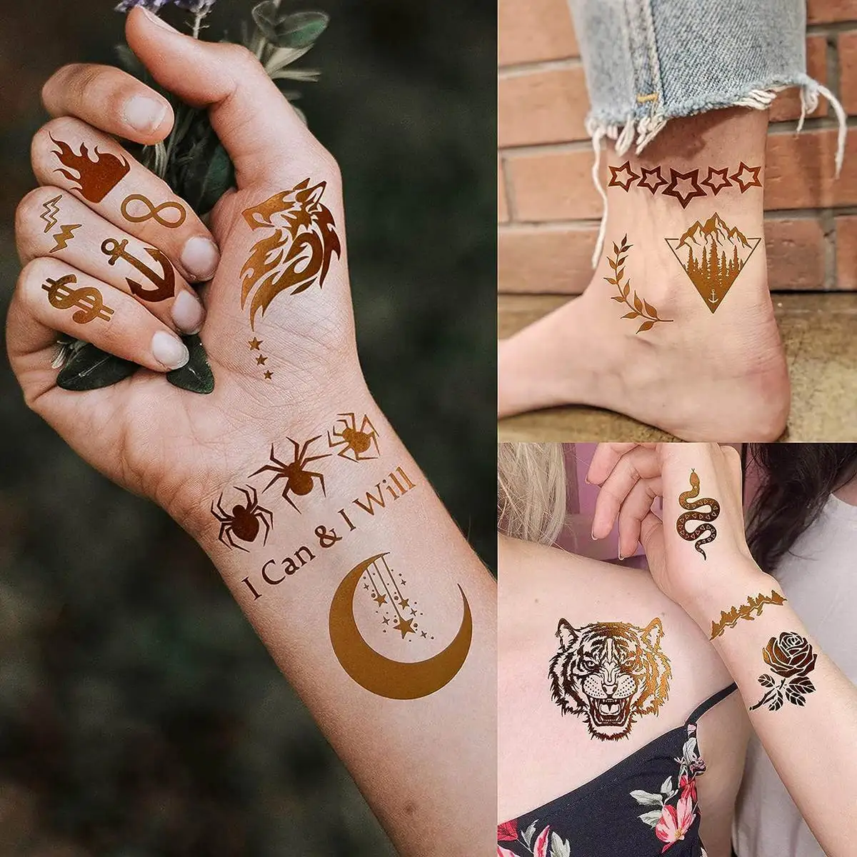 9 grandi fogli Flash tatuaggi temporanei per le donne adulti collo tatuaggio adesivo falso animale dorato boemia luna tatuaggi Glitter Decor