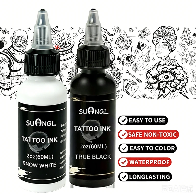 Inchiostro per Tatuaggi Bianco e Nero 60ml, Confezione da 1/2 Pezzi con Kit Professionale per Pigmenti, Accessori per Tatuaggi Permanenti e Pittura Ar