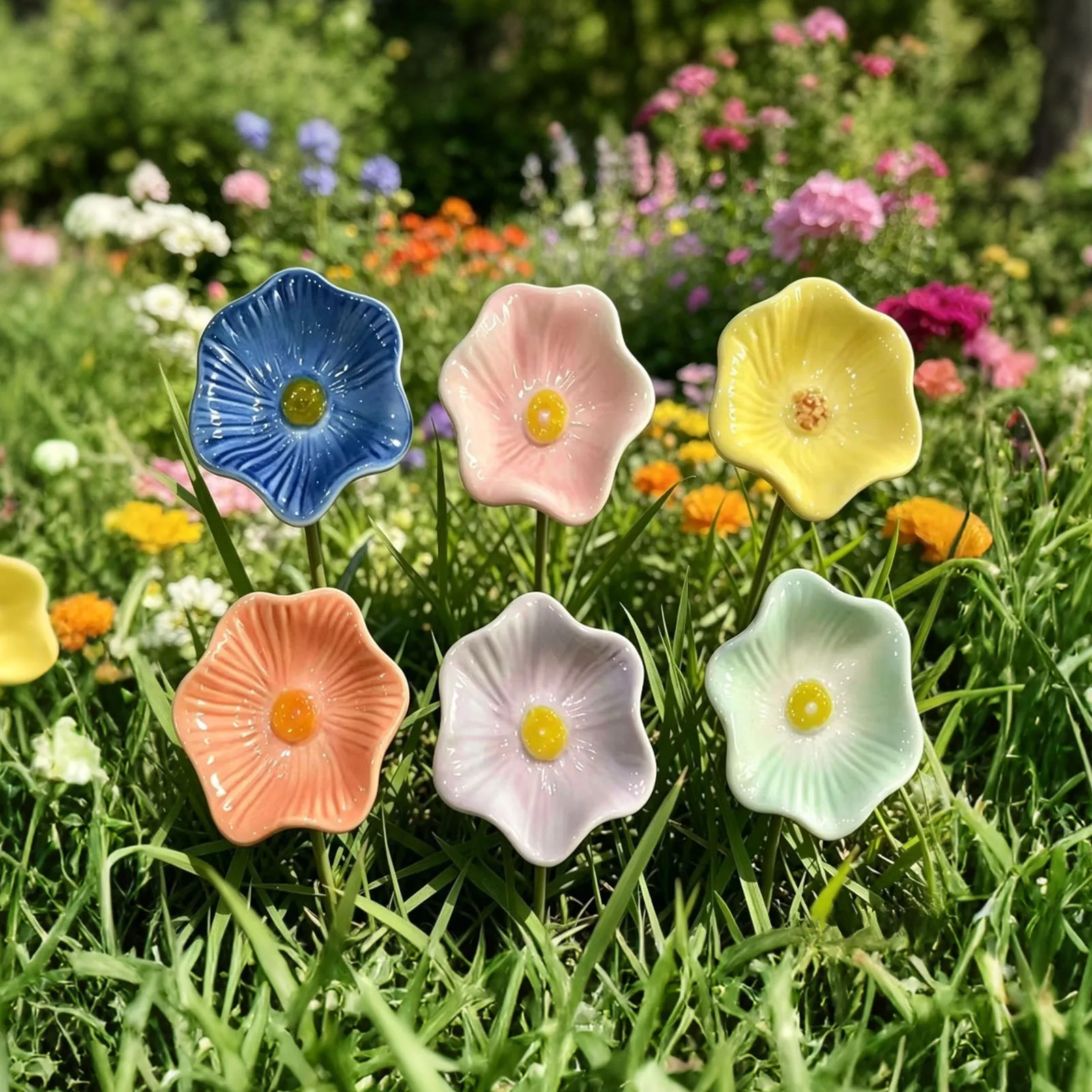 6Pcs Flower Shape Bee Watering Station Ceramic Butterfly Feeders Bird Bath Decorative Garden Stakes For Patio Terrace Balcony