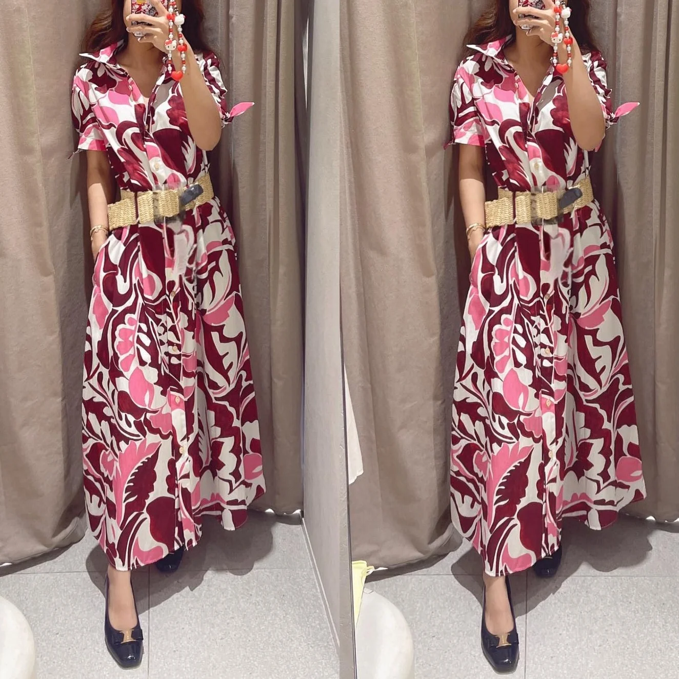 

Elegant casual fashion women's red printed belt bow sleeve midi dress 2025 new summer holiday office ladies dress