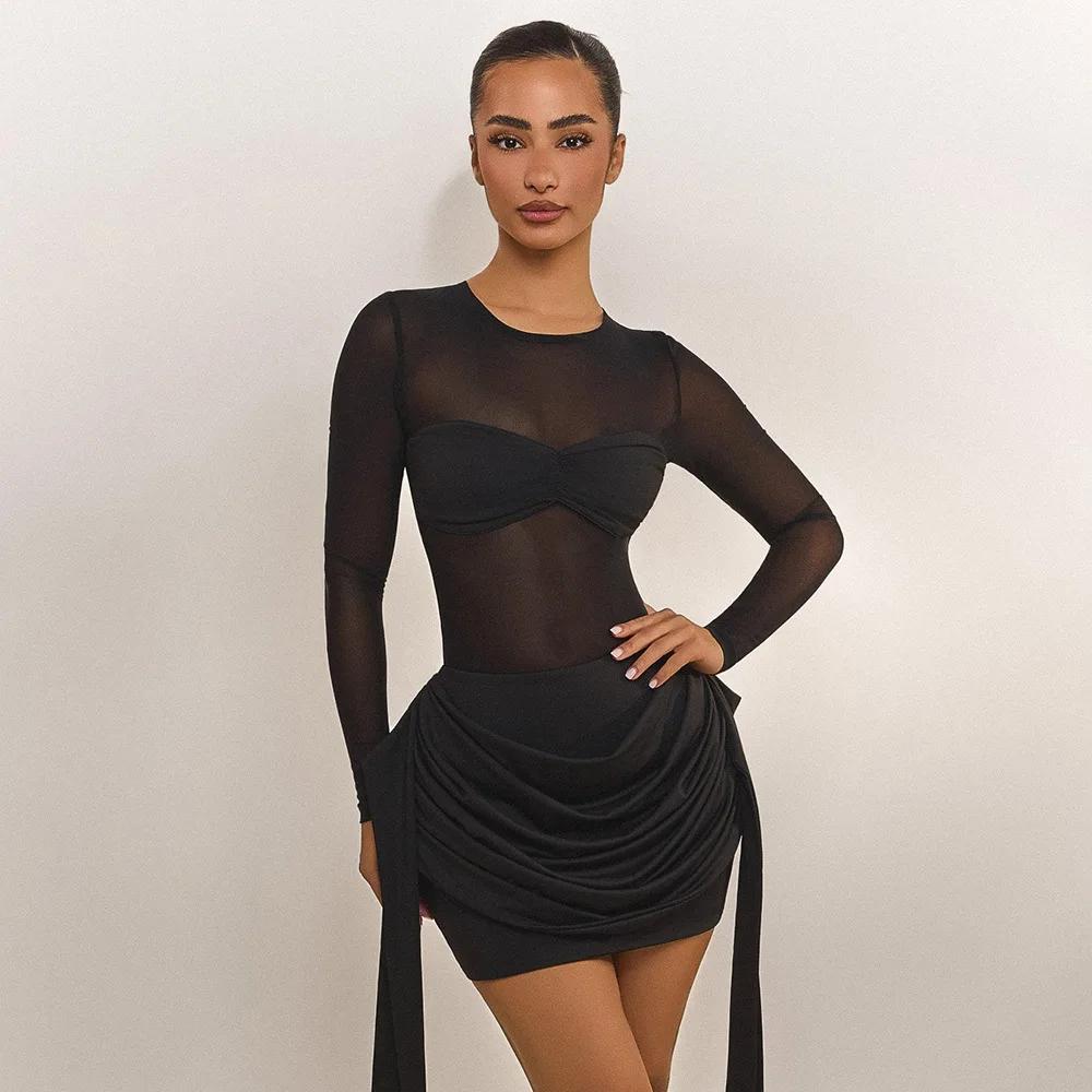 

Womens Sexy Mesh Sheer Ruched Bodycon Mini Dress Long Sleeve Round Neck Party Club Short Dresses