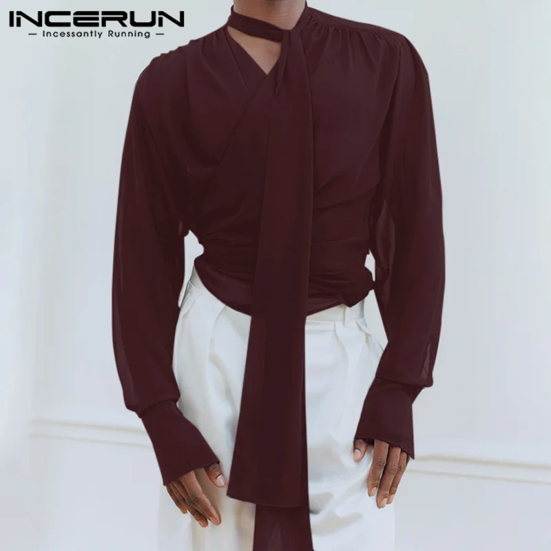 INCERUN-Chemise Plissée à Manches sulfpour Homme, Vêtement à Lacets Transparent, Col en V, Couleur Unie, Streetwear, Décontracté, à la Mode, 2024