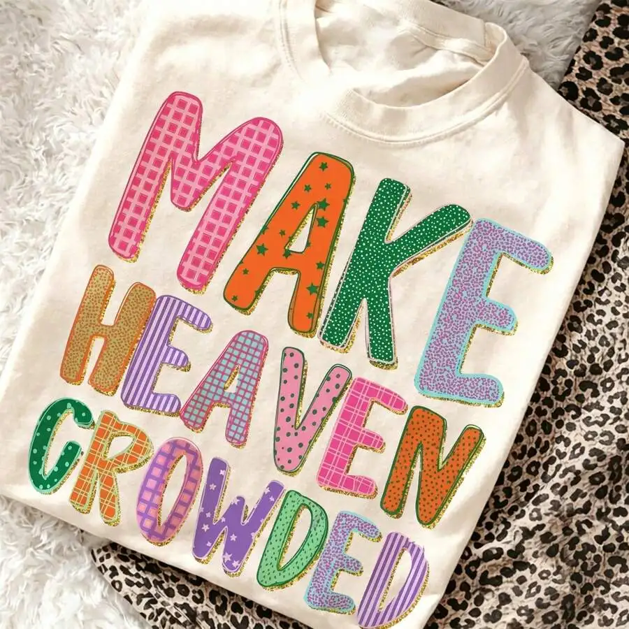 Women's Preppy Graphic Tee Make Heaven Crowded Christian Print Short Sleeve Casual Top For Back To School Summer Western Outfits Teacher Gift Idea