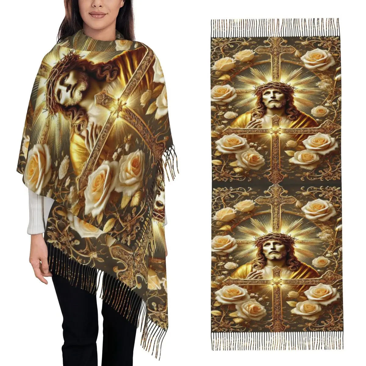 

Иисус Христос Ангельское Сердце Религиозный Дизайн С Розами и Золотыми Акцентами Шарф Шарфы с Кисточками Шали и накидки Большая шаль