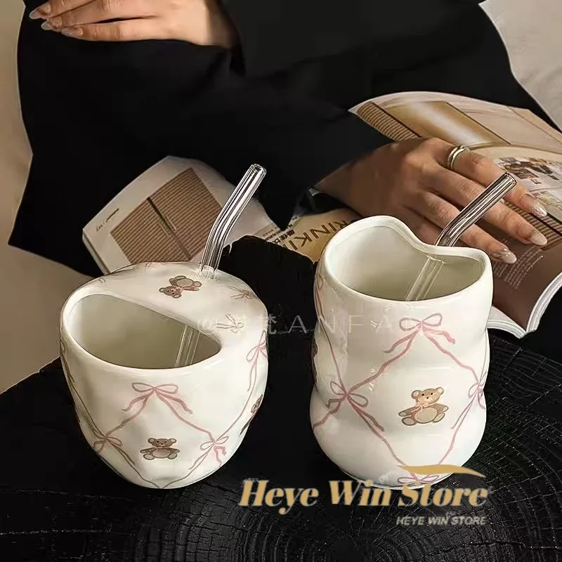 Cute Ribbon Teddy Bear Mug with Antique Style, Creative and Personalized Ceramic Cup, High Aesthetic Drinking Cup with Straw