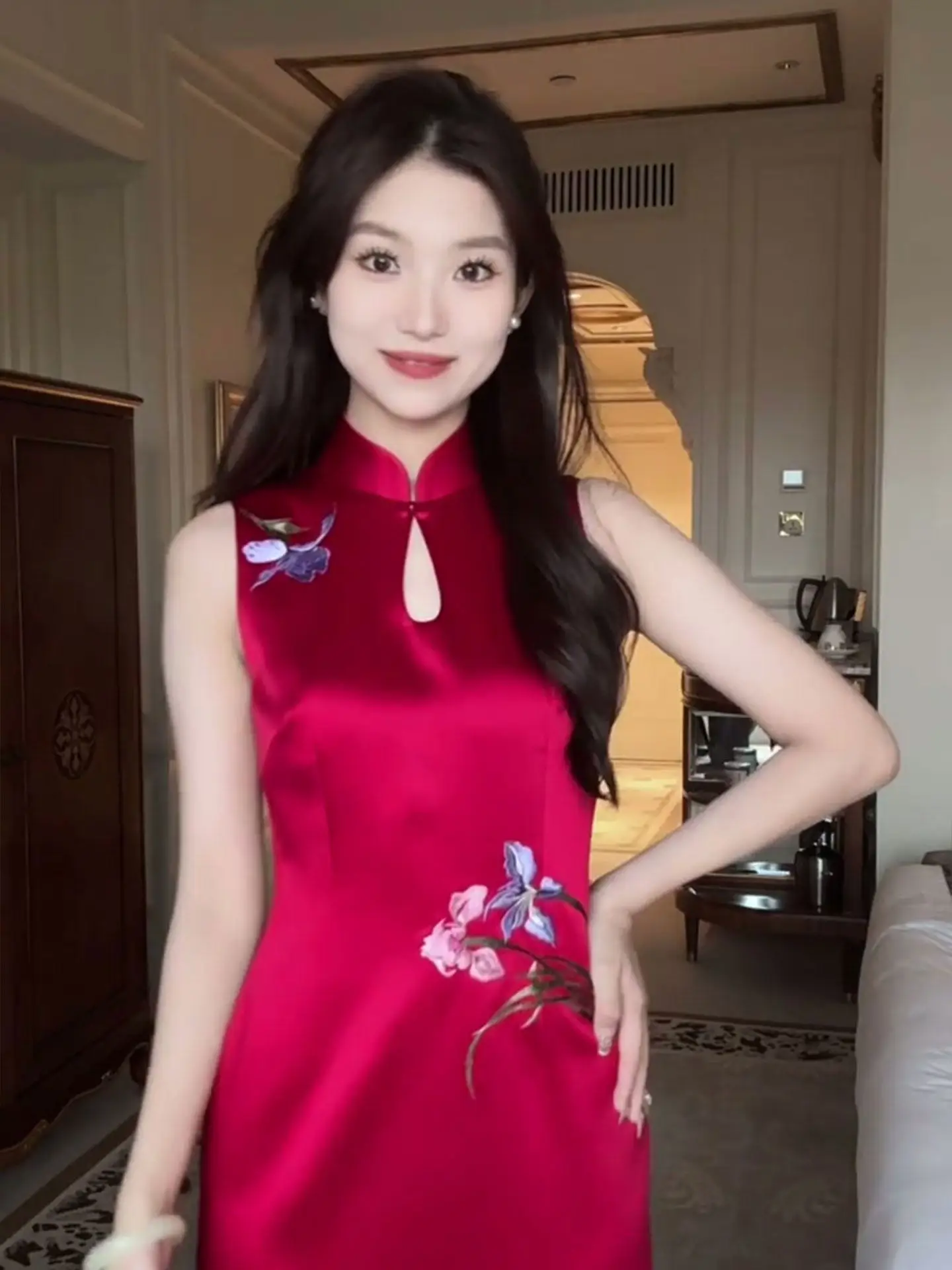 

Ele Red Embroidered Wedding Dr for Women Breathable Long Qipao Evening Gown with round Collar No Sve