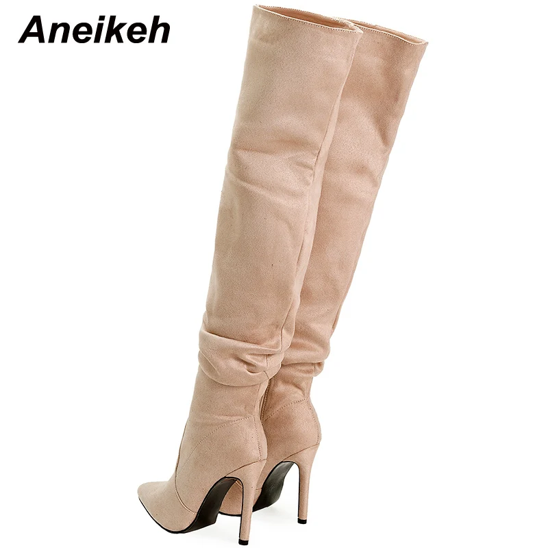 Aneikeh Women\'s Fashion Trend Pointed Toe Thin Heel Over Knee Boots 2024 Spring/Autumn Flock Splicing Side Zipper Chelsea Boots