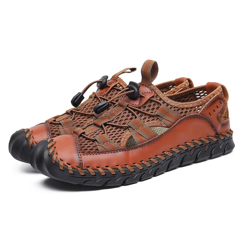 Lederen Outdoor Mannen Sandalen Zomer Mannen Strand Sandalen Mesh Ademend Romeinse Handgemaakte Sandalen Mannelijke Platform Casual Schoenen