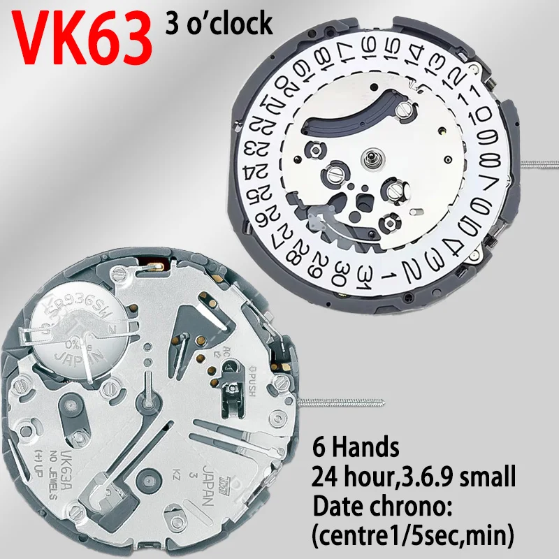 NEW Japan VK63 Quartz electron Movement Three Hands Three Eyes Date Small Chronograph Seconds Vk63 Movement 24 Hours ﻿