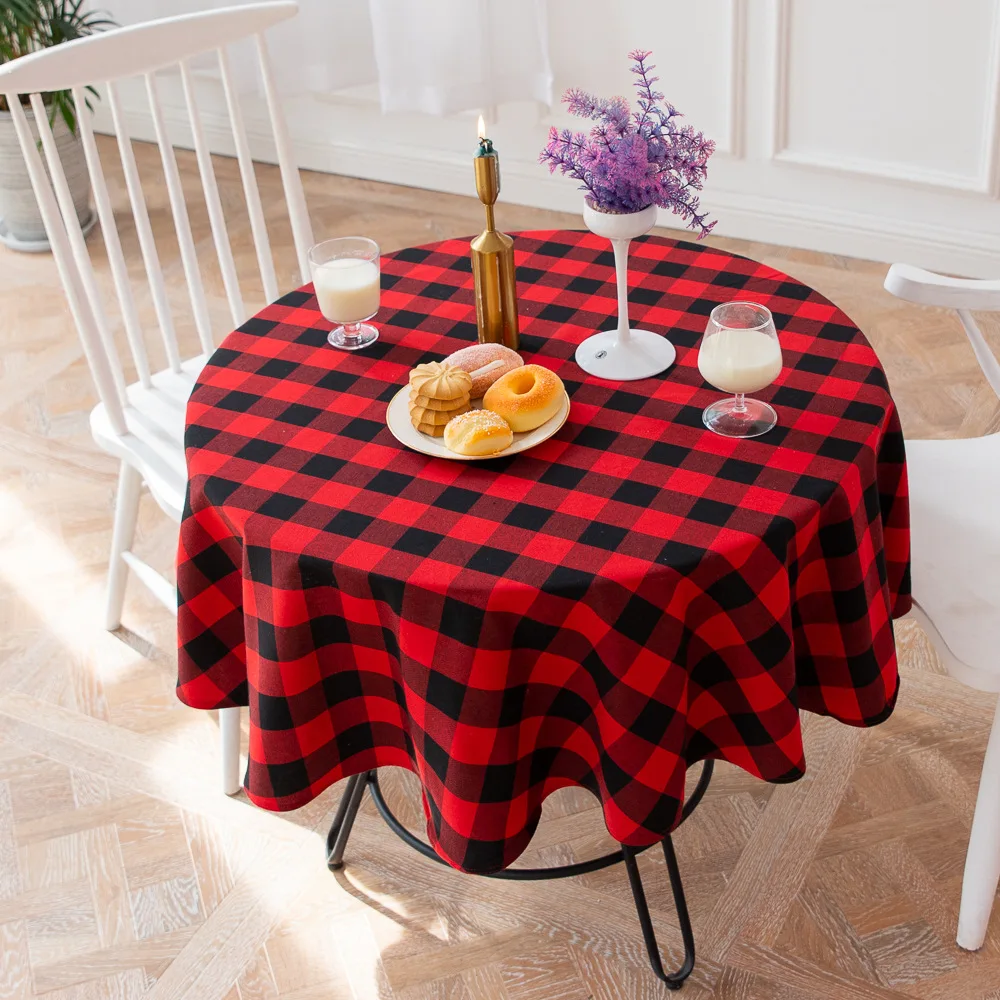 Round Tablecloth Plaid Table Cover Christmas Decoration for New Year Family Gathering Restaurant Party Dinner Home Decoration