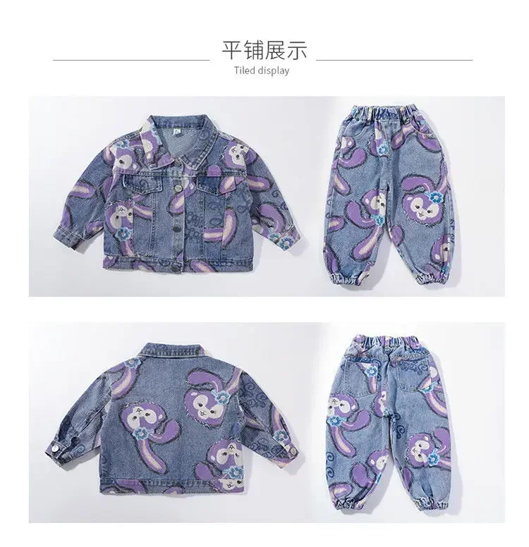 90-140cm Girls Printed Denim Suit Autumn Baby Jacket Pant 2024 Spring New Cartoon Jeans Baby Girl Baby Two-piece Clothing Set
