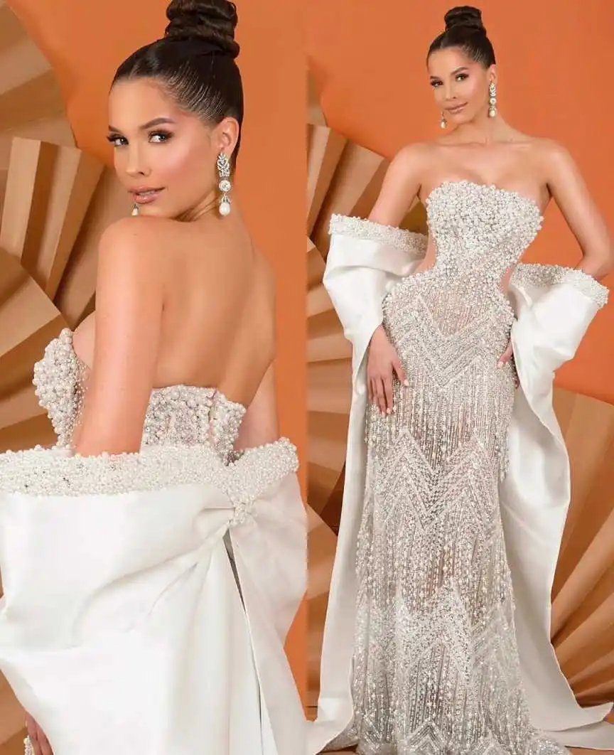 Vestido de novia elegante sin tirantes, vestido de novia con cuentas de perlas a la moda y borlas envolventes, vestidos de novia personalizados