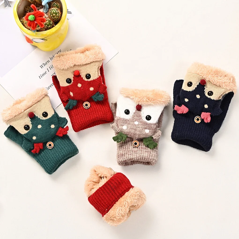 

Children Winter Gloves Christmas Cartoon Elk Flip Half-Finger Mittens For Girl Boy Kids Warm Plush Lined Fingerless Glove