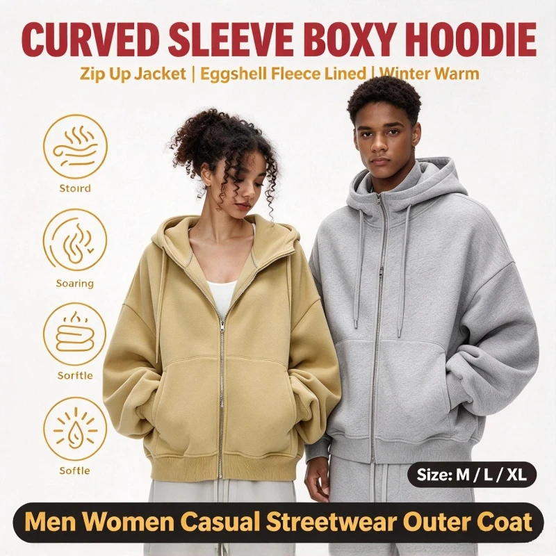 Unisex Boxy Fit Hooded Zip Up Sweatshirt Curved Sleeve Winter Eggshell Fleece Lined Hoodie Jacket Casual Oversized Outerwear