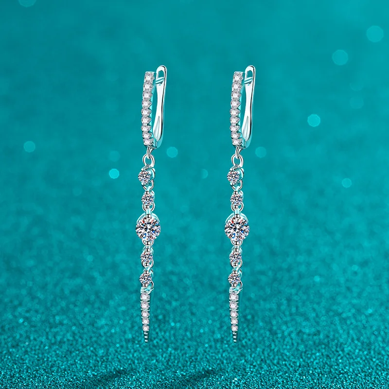 Platinum PT950 Long Fringe Teardrop-Shaped Diamond-Studded Earrings with Unique Style and Moissanite