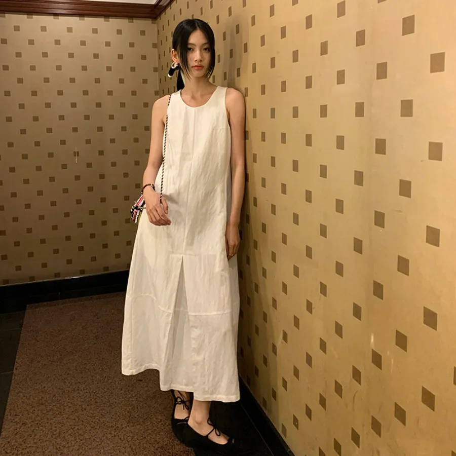 

【New style】[Clearance without refunds] French simple white dress for women's spring design round collar sleeveless vest skirt 3