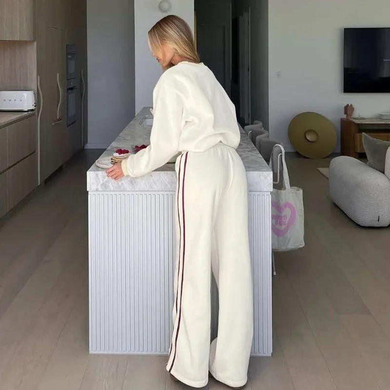 Damski sportowy dres Bangniweigou 2025, kremowy, bluza z okrągłym dekoltem i nadrukiem liter, spodnie ze sznurkiem, zestaw do noszenia w domu.