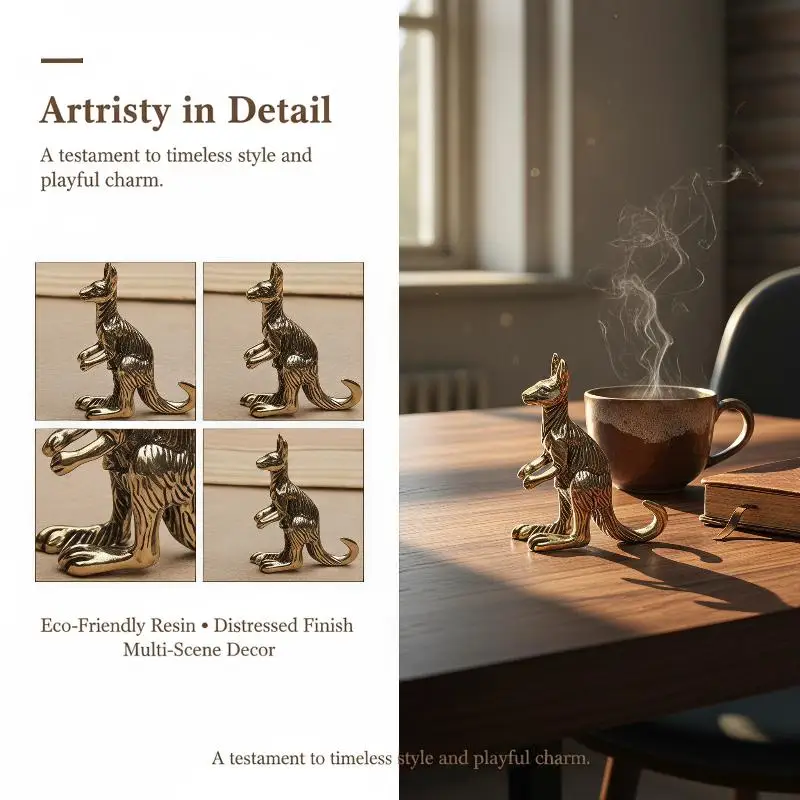 Exquisite Carved Brass Kangaroo Figurine Retro Finish Solid Brass Statue for Living Room Table Decor Gift