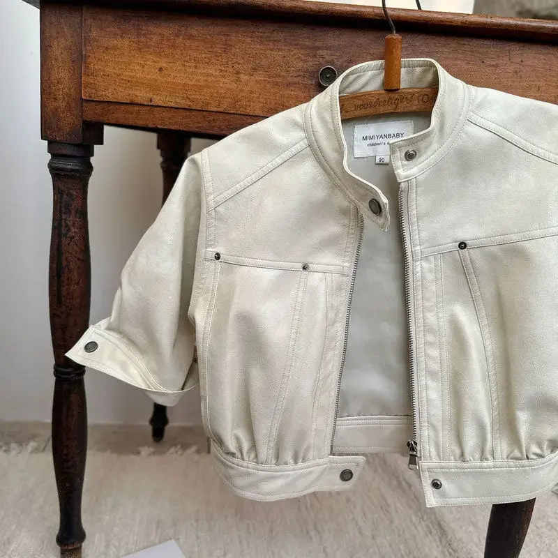 

2025 New Girls Boys Black Pu Zipper Jackets Kids Baby Leather Jacket Spring Autumn Cool Coat Children Clothes Overcoats 2-9 Yrs