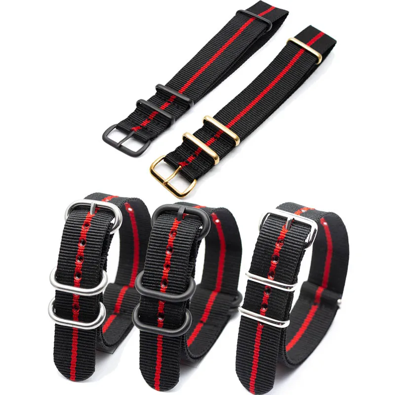 

Soft Breathable Nylon 18mm 20mm 22mm 24mm Replacement Watch Band 2 Black 1 Red Sports Wristband with Adjustable Metal Buckle