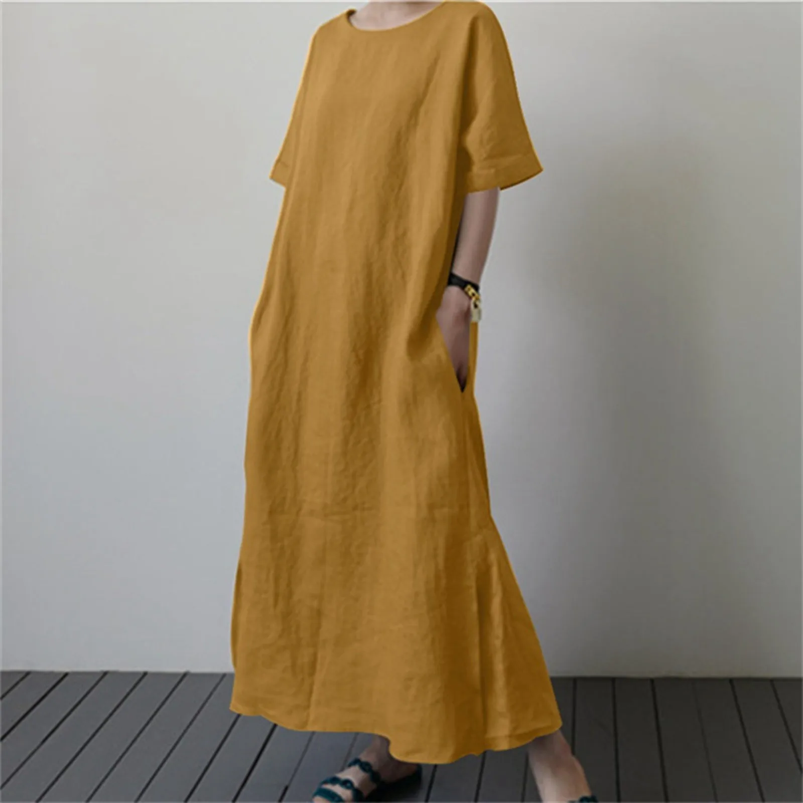 2024 Spring Oversize Linen Women's Dress Solid O-neck Half Sleeve Japan Style Dresses Female Fashion Elegant Korean Clothes Lady