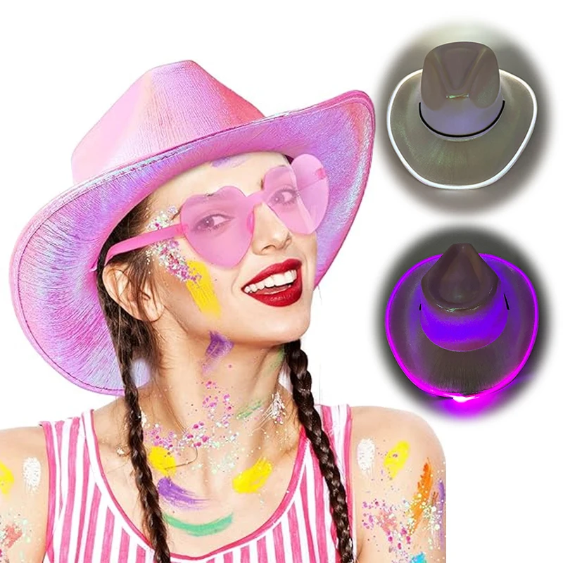 Neon Sparkly Glitter Space Cowgirl Hat for Valentine Wedding LED Light up Cowboy Hat Birthday Party Jazz Dance Show Costume Prop