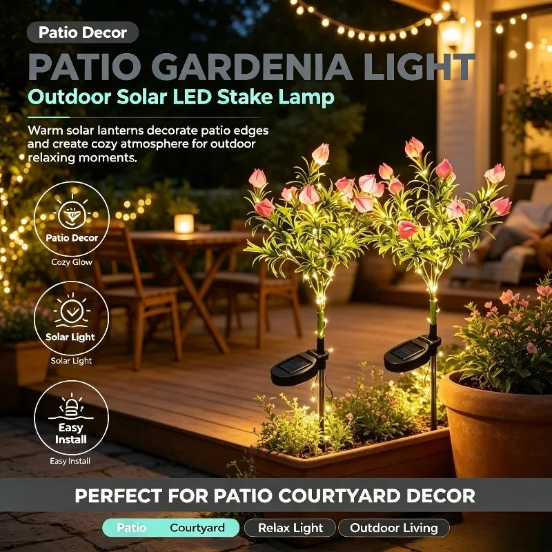 Solar LED Gardenia Bouquet, Decorative Pink Buds on Leafy Branches for Outdoor Party Paths