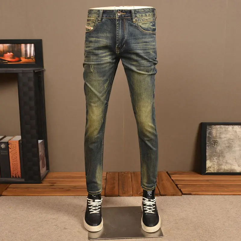 

Newly Designer Fashion Men Jeans Retro Washed Elastic Stretch Slim Fit Ripped Jeans Men Italian Style Vintage Denim Pants Hombre