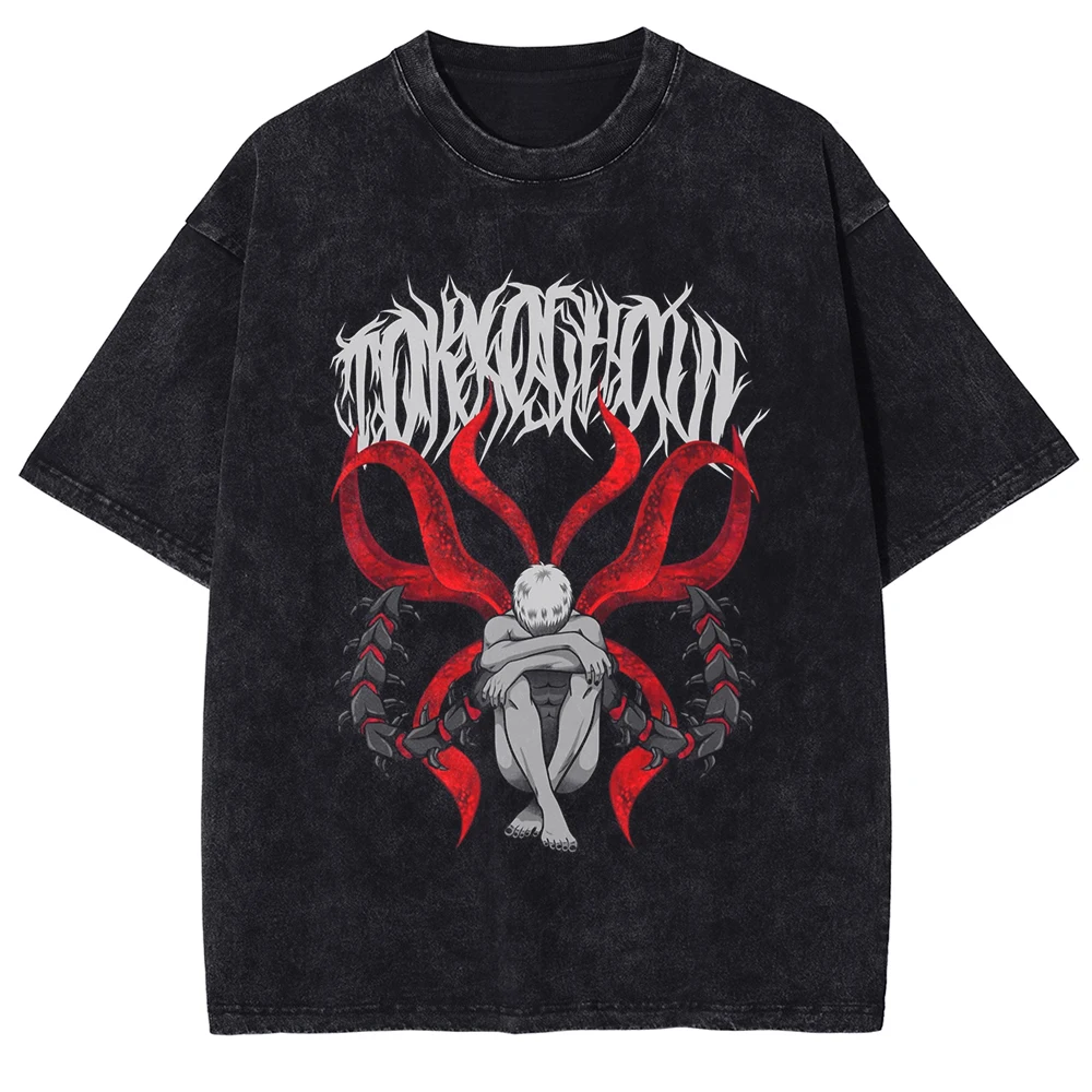 Tokyo Ghost Ken Kaneki Manga T-shirt Vintage Washed Oversized T Shirt Men Women Clothing Summer Pure Cotton Short Sleeve Tees