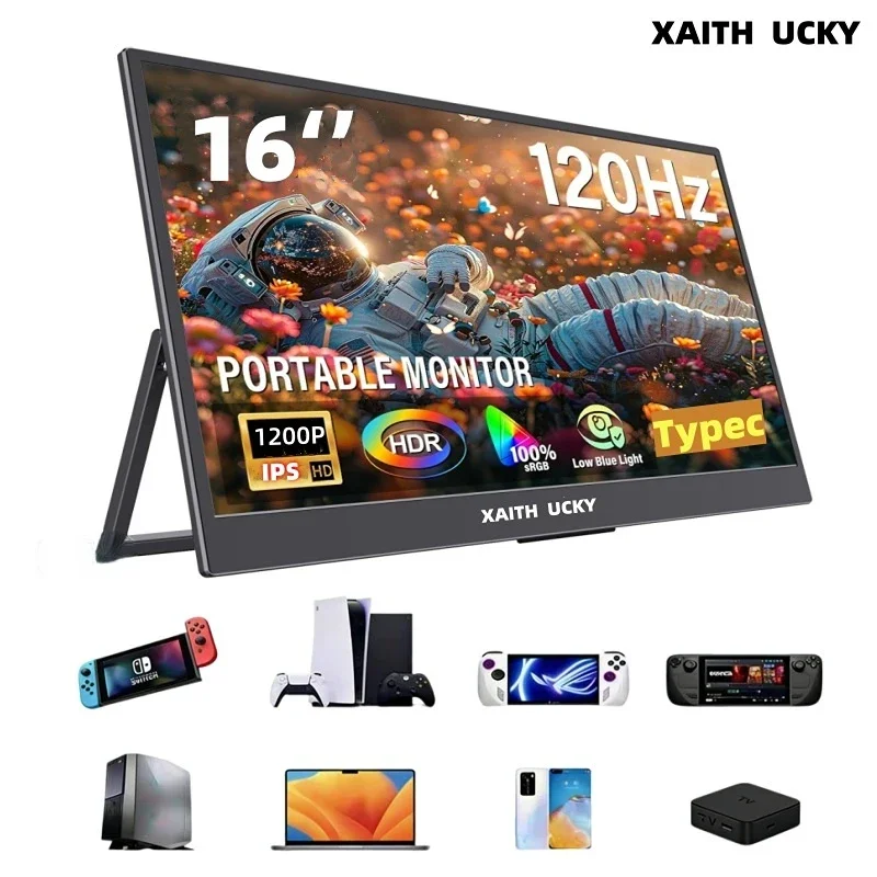 XAITHUCKY 16-inch Portable Monitor 120Hz Refresh Rate / 1200P Resolution / 16:10 Aspect Ratio 100% sRGB Gamut / HDR / 400cd/㎡ B