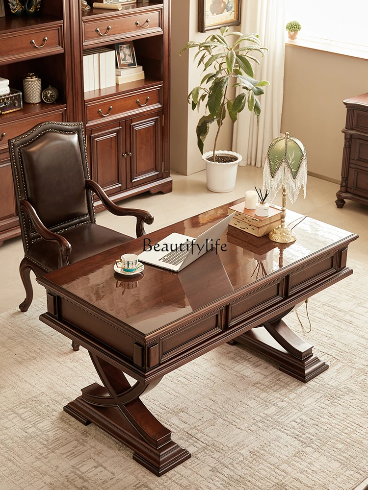 

American neoclassical all-solid wood desk gold silk teak premium workbench retro writing desk study furniture
