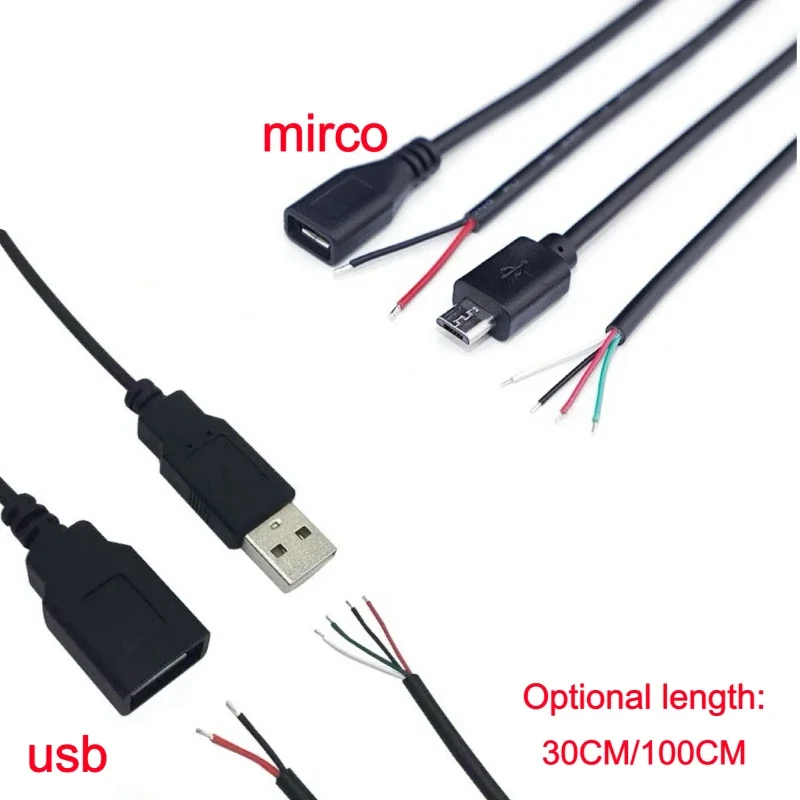 1M USB Type A Male Female Type C Micro Connector 2Pin 4pin core Power Supply Cable Extension Adapter repair welding Wire 30cm