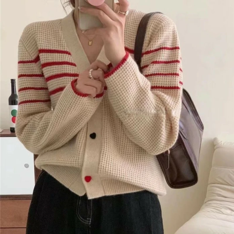 V-neck Cardigans Women Lovely Button Autumn Knitted Outwear Striped Basics Simple Japanese Style Leisure Retro Graceful Ladies