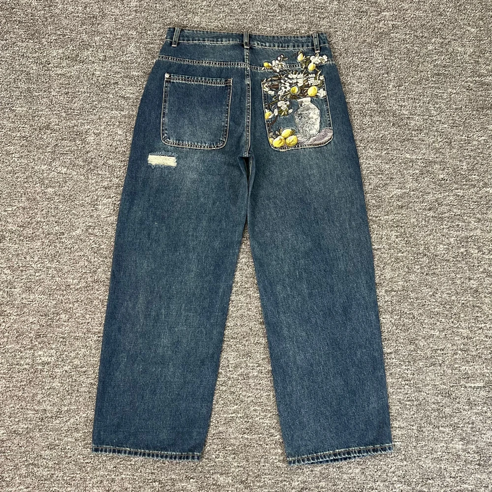 

Derschutze Vase Embroidery Denim Leg Jeans Pants Men Women High Quality Joggers Trousers