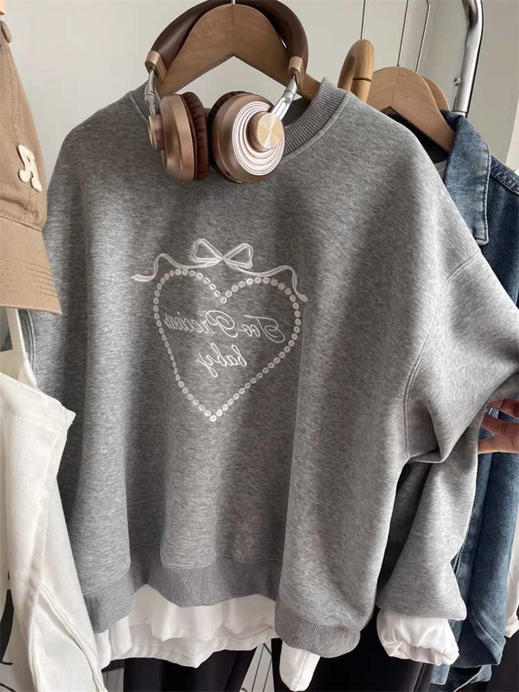 Japan fashion Sweet Love Bow round Neck Pullover Hoodie Men's and Women's Spring and Autumn Fashion Brand Retro Loose Chic Top