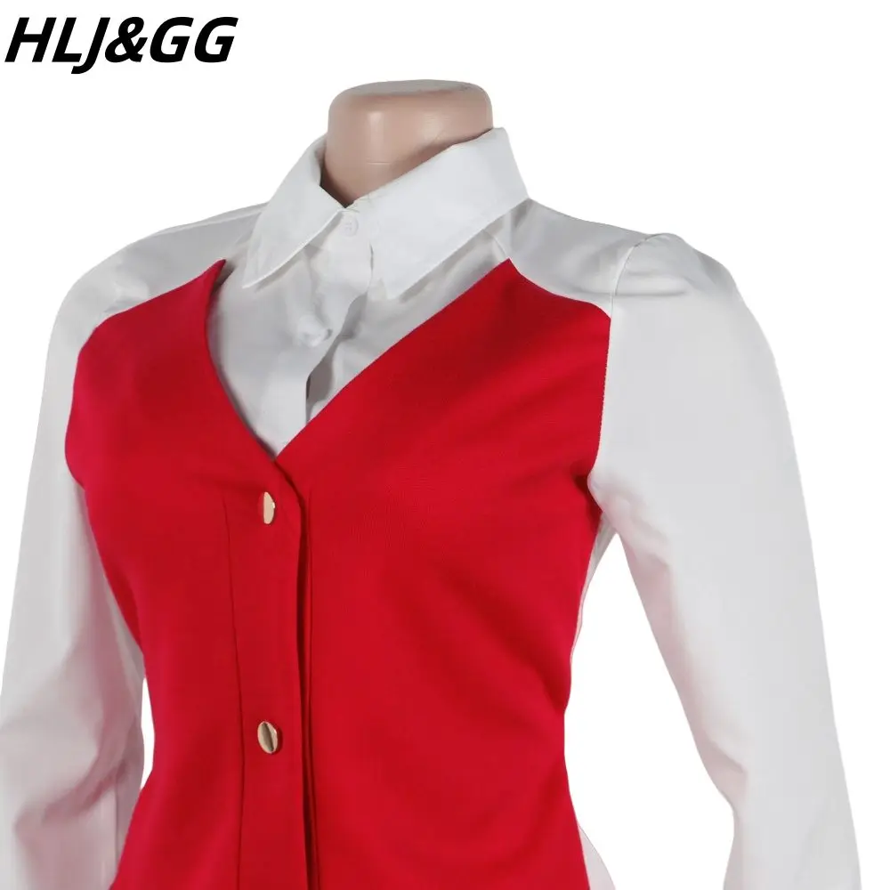 HLJ&GG Elegant Lady Patchwork Shirts Two Piece Sets Women Lapel Long Sleeve Button Top And Pants Outfits Autumn OL 2pcs Clothing