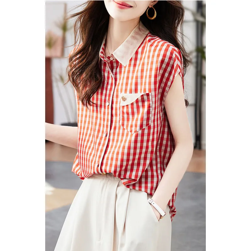 2024 New Women\'s Summer Korean Version Turn-down Collar Button Contrast Color Plaid Fashion Casual Short Sleeve Shirt Tops