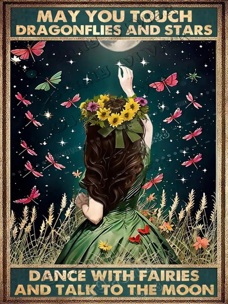 Y1,May You Dragonflies And Stars Dance With Fairies Talk To The Moon Vintage Tin Sign, 12;;x16;; Aluminum Sign for Bedroom L