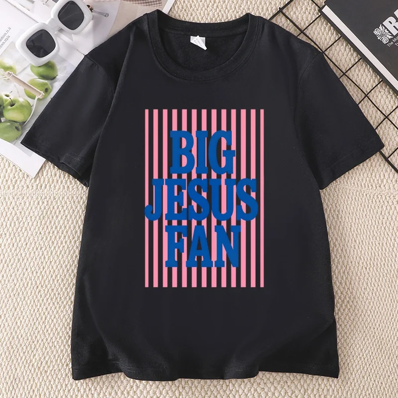 Big Jesus Fan T Shirt Womens Religious Short Sleeve Printed T-shirt Striped Preppy Christian T-Shirt Faith Pullover Round Neck