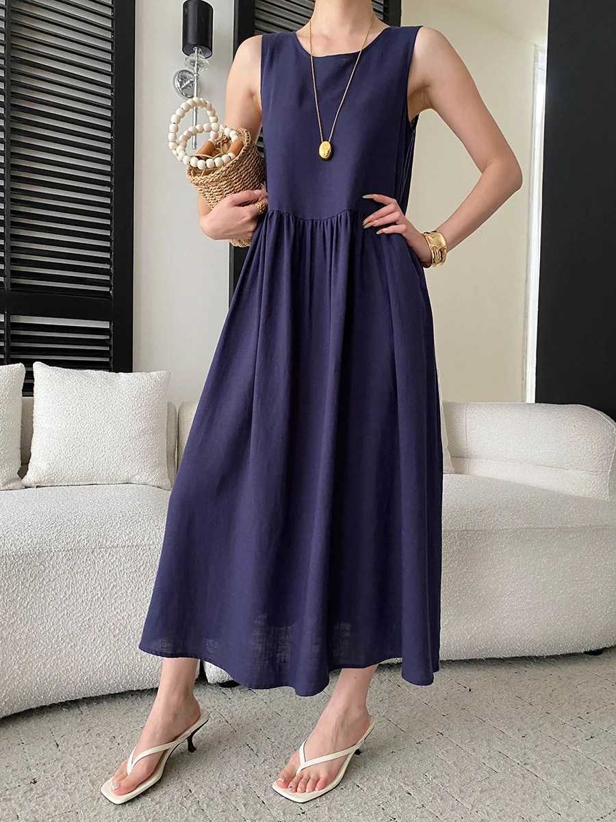 Sommerliches, lässiges, einfarbiges, ärmelloses Patchwork-Kleid mit Rundhalsausschnitt für Damen – Detail 11