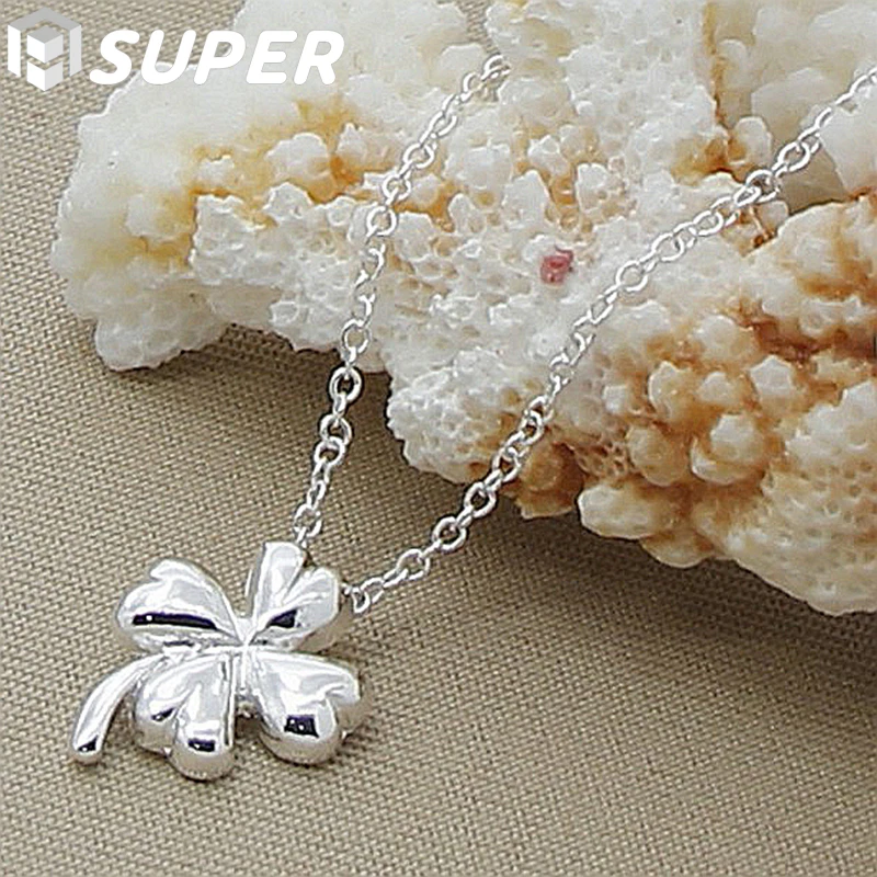 

925 Sterling Silver Clover Flower Pendant Necklace 18 Inch Chain For Women Wedding Engagement Fashion Charm Jewelry