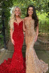 Vinca Sunny Women Off-Shoulder V-Neck Sequins Mermaid Evening Prom Gown Party Long Sleeve Formal Prom Dresses 2023