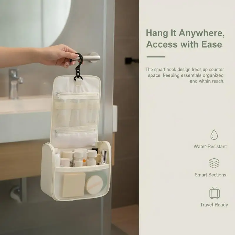 Waterproof Hanging Travel Wash Bag Portable Handheld Cosmetic Organizer With Hook Large Capacity Makeup Skincare Storage Pouch